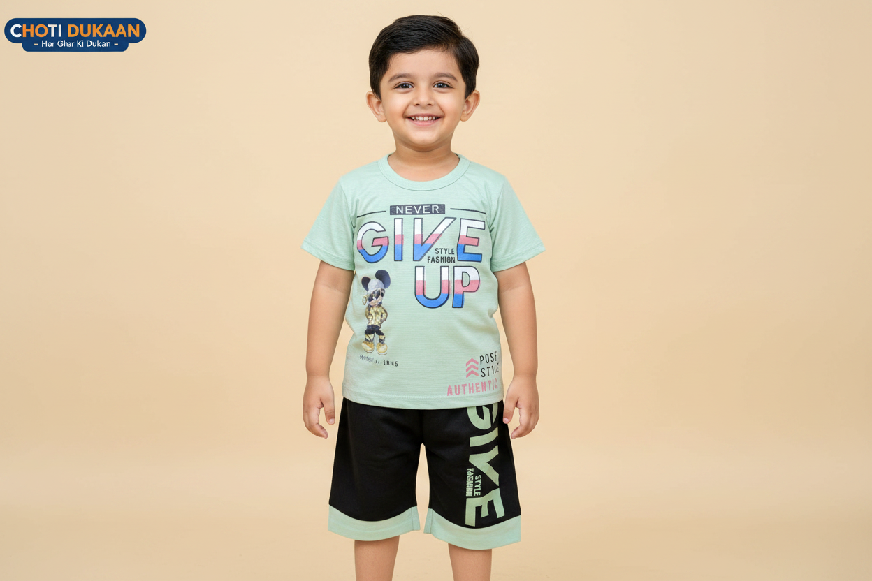 2 Year Old Boy in Mint Green Never Give Up Suit